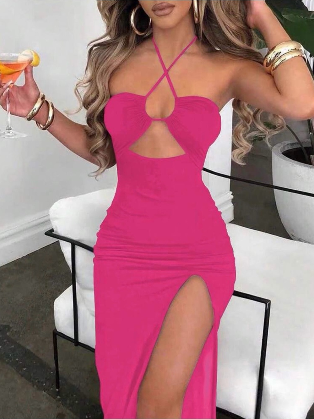 SHEIN Hot Pink Halter Cutout Maxi Dress